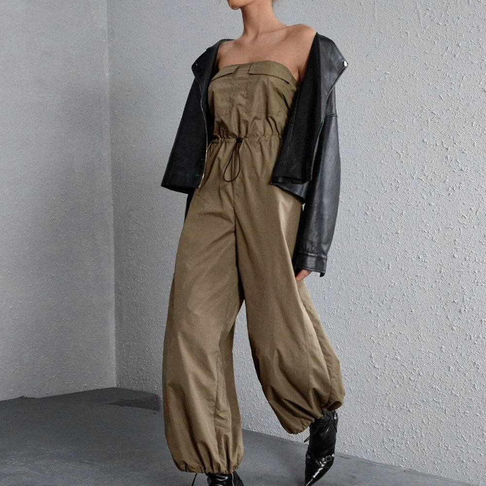 Army Green Boho Womens Drawstring Waist Tube Parachute Jumpsuit - Picture 4 of 5